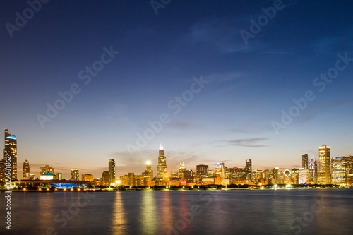 Beautiful view of Chicago skyline with waterfront at night  Illinois  USA