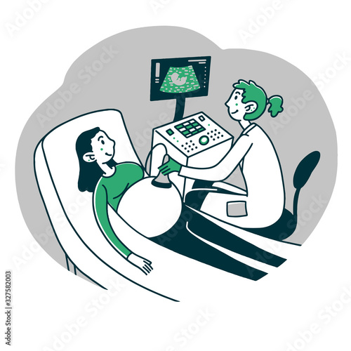 Pregnant woman visiting doctor. Ultrasound pregnancy screening flat vector illustration. Gynecologist, expecting, technology concept for banner, website design or landing web page