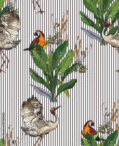 Exotic Parrots and Dancing Heron Birds on Isolated Palms with Seeds on Vertical Stripes Background