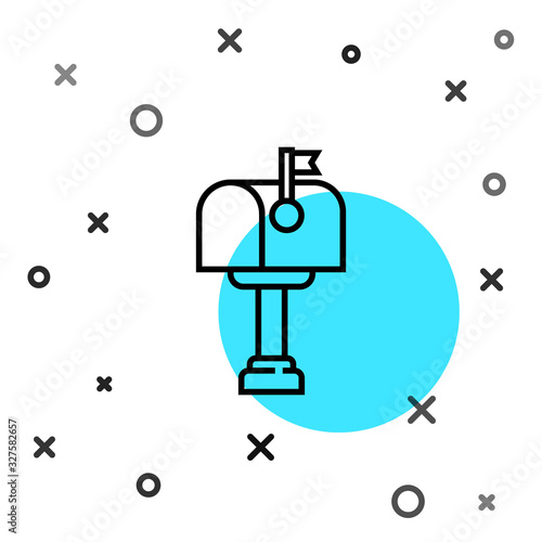 Black line Mail box icon isolated on white background. Mailbox icon. Mail postbox on pole with flag. Random dynamic shapes. Vector Illustration