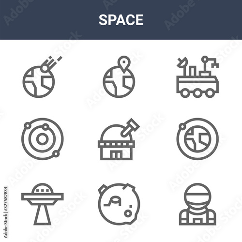 9 space icons pack. trendy space icons on white background. thin outline line icons such as astronaut, orbit, landing . space icon set for web and mobile.