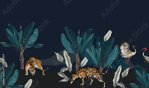 Fototapeta Naklejka Na Ścianę i Meble -  Panorama Landscape with Tiger, Leopard, Cranes Tropical Animals in Jungle Palms Exotic Rainforest on Dark Background, Seamless Border High End