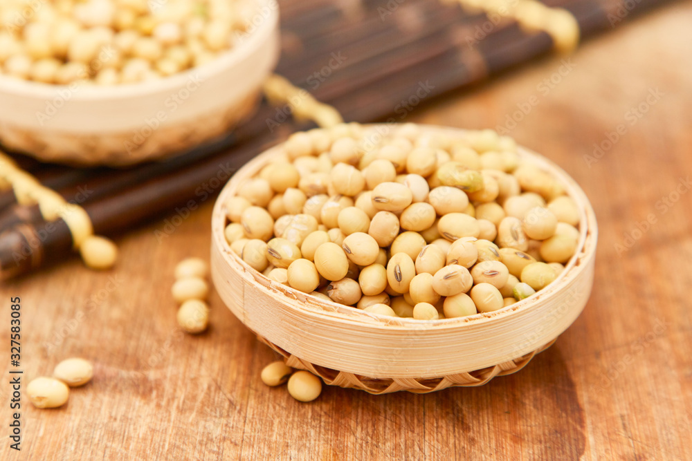 A pile of soybeans in a bamboo basket A pile of soybeans in a bamboo basket