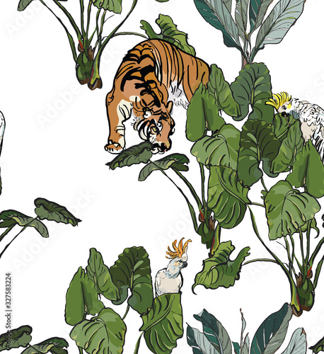 Chinese Tiger, White Parrots in Big Tropical Exotic Leaves, Seamless Pattern on White Background, Japanese Design