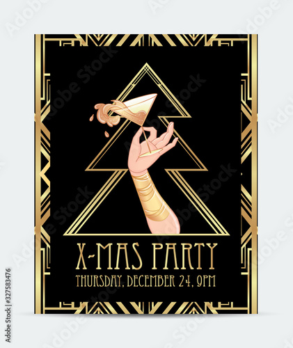 Female hand holding cocktail glass with splash. Art deco (1920's style) vintage invitation template design for drink list, bar menu, glamour event, thematic wedding, jazz party flyer. Vector art.