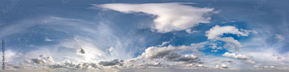 Seamless hdri panorama 360 degrees angle view blue sky with beautiful cumulus clouds with zenith for use in 3d graphics or game development as sky dome or edit drone shot Seamless hdri panorama 360 degrees angle view blue sky with beautiful cumulus clouds with zenith for use in 3d graphics or game development as sky dome or edit drone shot
