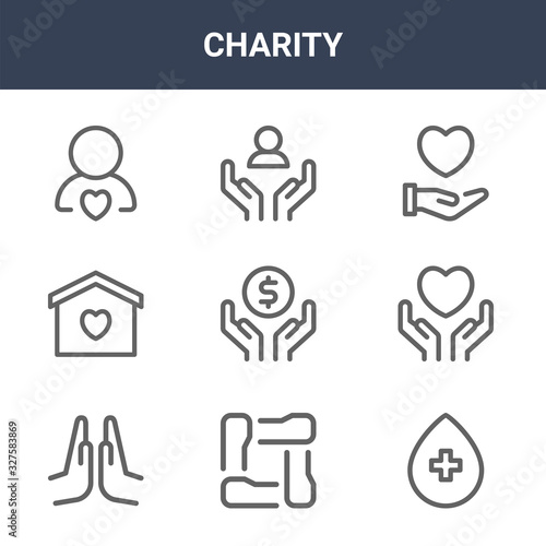 9 charity icons pack. trendy charity icons on white background. thin outline line icons such as blood donation, compassion, support . charity icon set for web and mobile.
