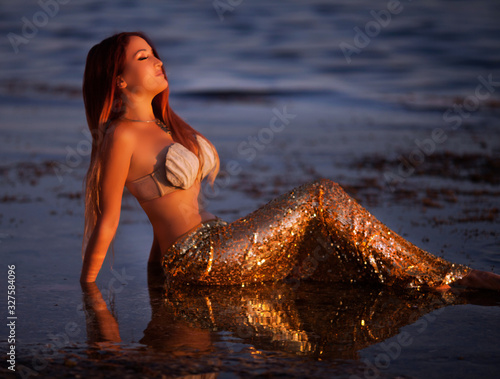 Beautiful fashionable mermaid sitting on a rock by the sea