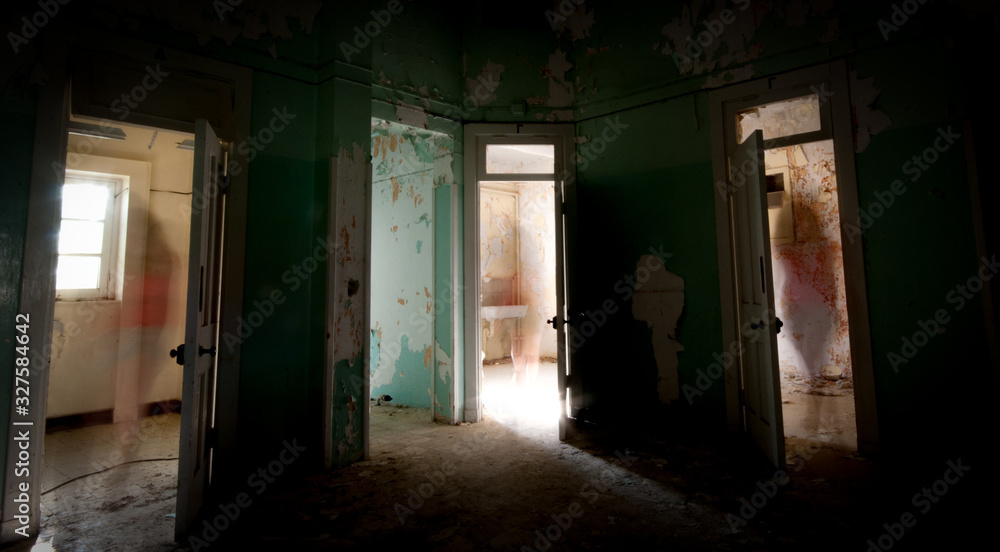 Unrecognised person walking alone through the  doors of an abandoned room.