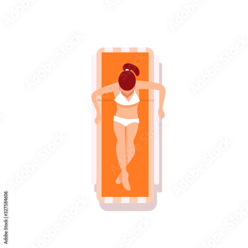 Summer holiday vacation.Young girl in a white bathing suit lies on a deck chair and sunbathes in the sun, top view. Vector illustration