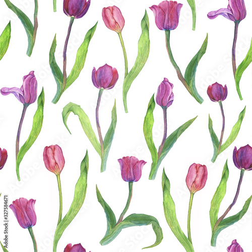  Pink tulips seamless pattern. Watercolor illustration on a spring theme. Ideal for wrapping paper, photophone, decoupage cards, napkins, packaging. © Light soul