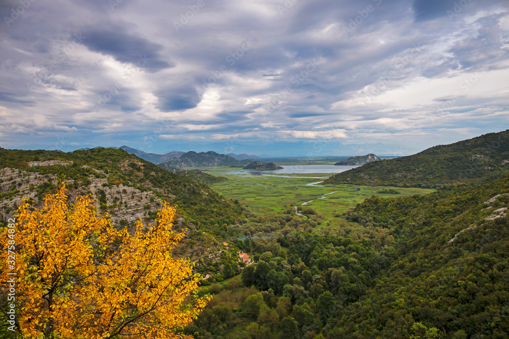 Rijeka Crnojevica river with Skadar Lake in the distance,beautiful nature in Montenegro