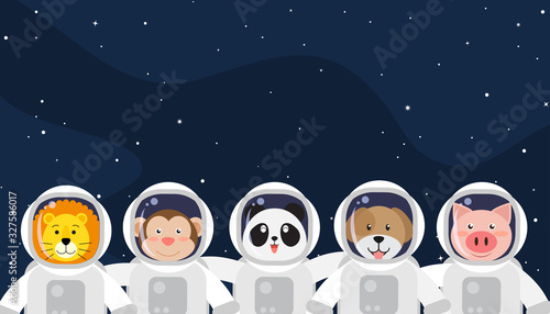 Set of cute animal in astronauts suit on space background