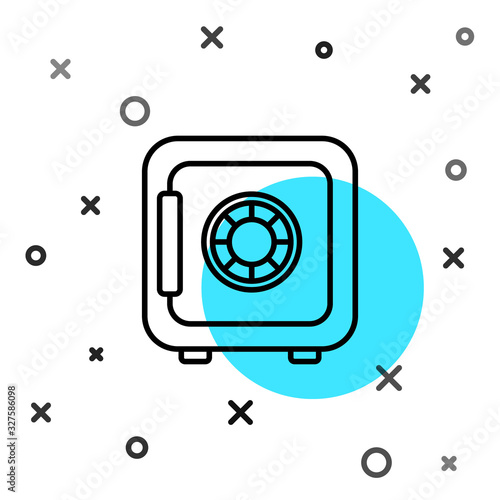 Black line Safe icon isolated on white background. The door safe a bank vault with a combination lock. Reliable Data Protection. Random dynamic shapes. Vector Illustration