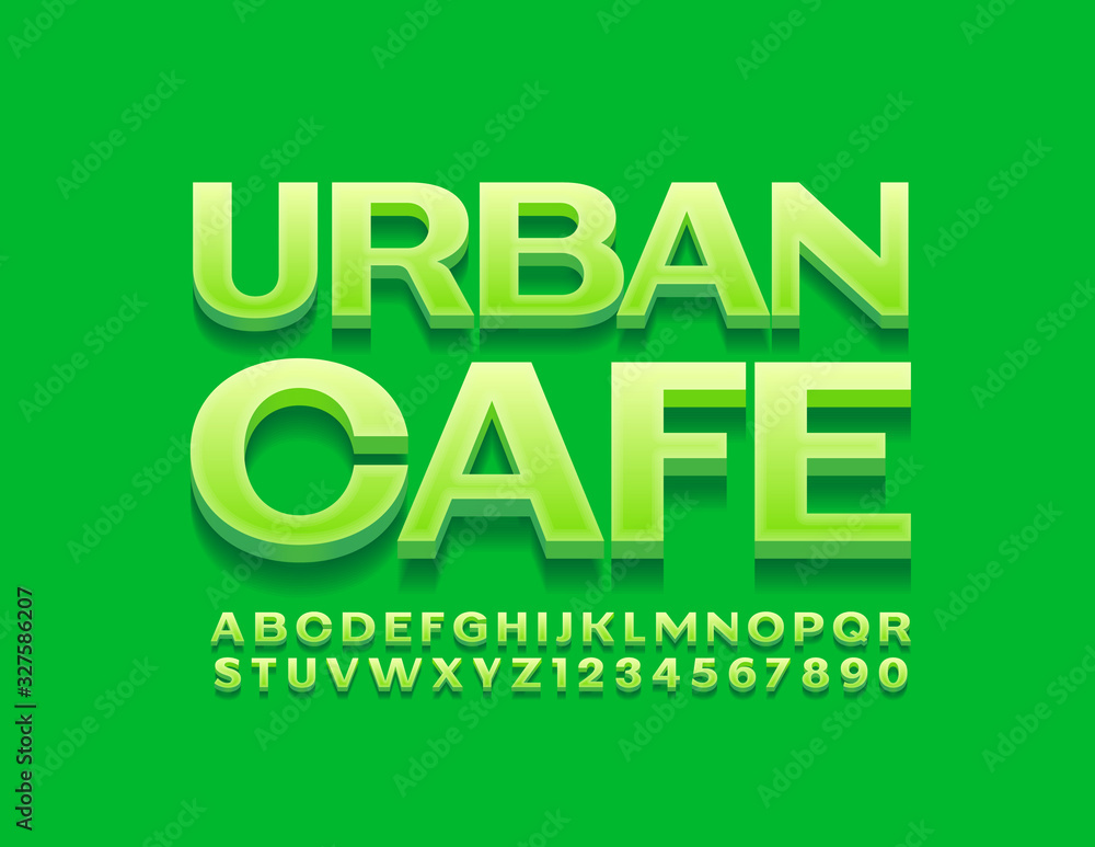 Vector green Logo Urban Cafe. Stylish 3D Font. Modern Alphabet Letters and Numbers, Vector green Logo Urban Cafe. Stylish 3D Font. Modern Alphabet Letters and Numbers,