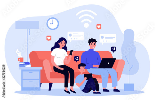 Family suffering from social media addiction. Parent and child sitting together at home and using digital devices. Vector illustration for problem, communication, internet concept