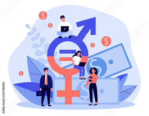 Employees gender salary equality. Business people with laptop working at cash and equal sign. Vector illustration for social respect, discrimination, diversity concept