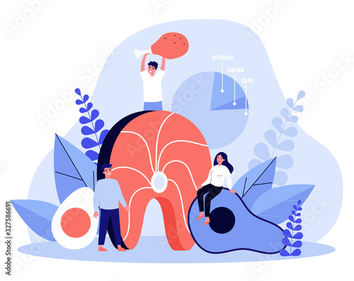Happy people keeping keto diet and eating high fat and protein foods. Meat, fish, eggs and avocado lovers. Vector illustration for ketogenic diet, healthy nutrition concept