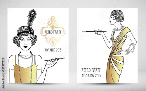 Art Deco vintage invitation template design. patterns and frames. Retro party geometric background set (1920's style). Vector illustration for glamour event, thematic wedding or jazz party.
