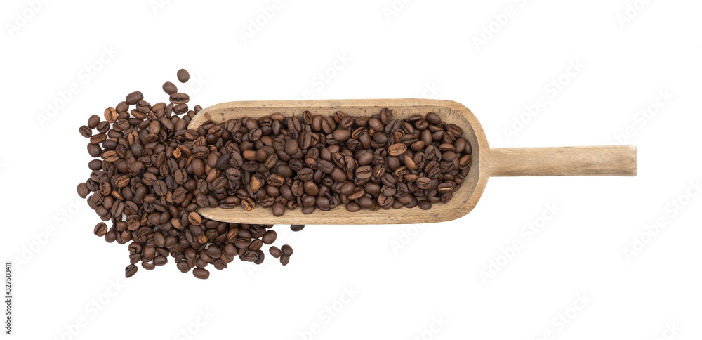 Roasted coffee beans on a large wood scoop seen directly from above and isolated on white background Roasted coffee beans on a large wood scoop seen directly from above and isolated on white background
