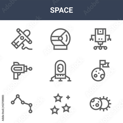 9 space icons pack. trendy space icons on white background. thin outline line icons such as eclipse, moon landing, helmet . space icon set for web and mobile.