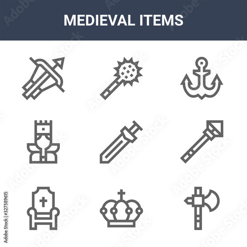 9 medieval items icons pack. trendy medieval items icons on white background. thin outline line icons such as axe, wand, mace . medieval items icon set for web and mobile.