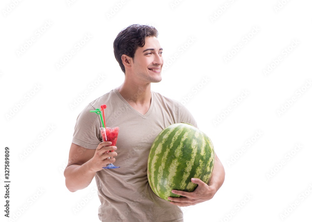 Young man with watermelon isolated on white