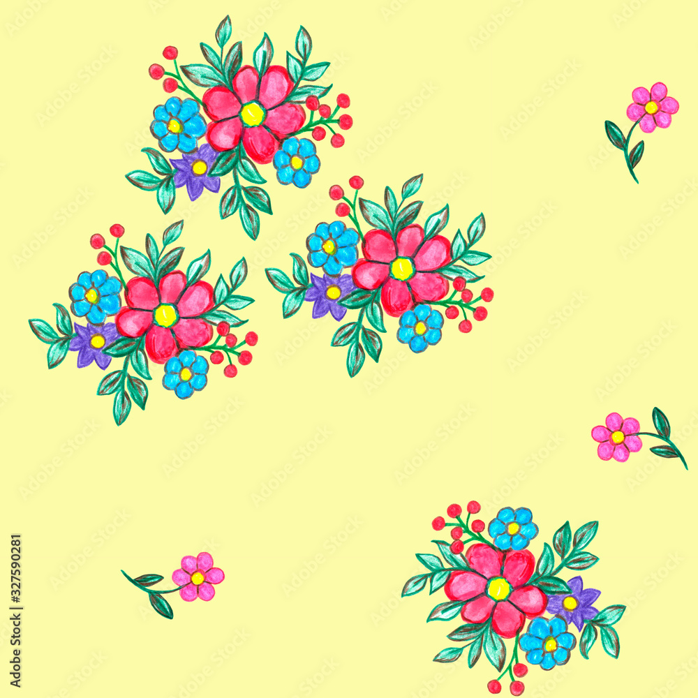 Delicate vintage seamless floral rustic pattern. Hand drawn with colored pencils small bouquets of pink blue flowers on a light yellow, beige background. For printing on fabrics, bedding, curtains.