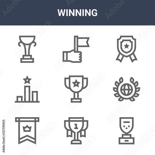 9 winning icons pack. trendy winning icons on white background. thin outline line icons such as award, world, flag . winning icon set for web and mobile.