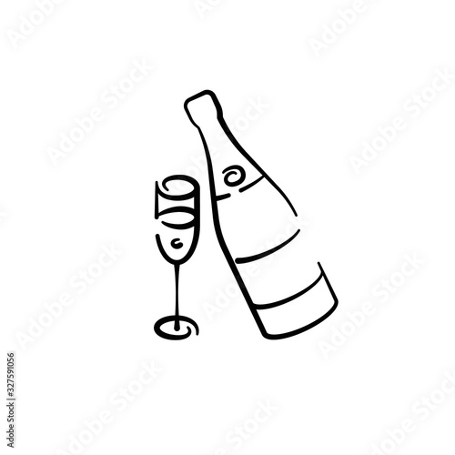 Vector illustration of a champagne bottle and a glass hand-drawn. vector icon black line isolated on white background for design