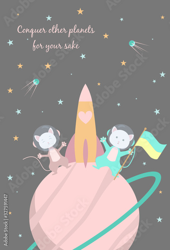 Cute cats postcards in space. Declaration of love. With you to conquer other planets. astronaut cat. Colorful vector illustration.