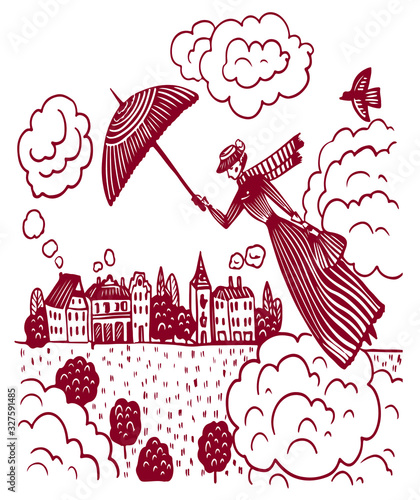 drawing picture of a lady in an English costume flying over a town and a forest across the sky with clouds, sketch, hand-drawn digital vector illustration