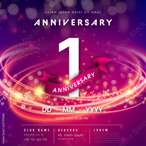 1 years anniversary logo template on purple Abstract futuristic space background. 1st modern technology design celebrating numbers with Hi-tech network digital technology concept design elements.