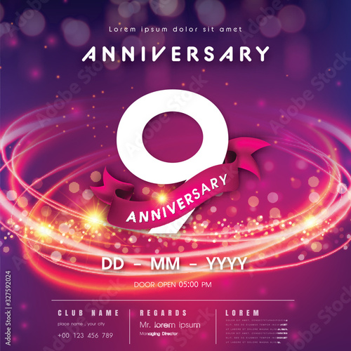 9 years anniversary logo template on purple Abstract futuristic space background. modern technology design celebrating numbers with Hi-tech network digital technology concept design elements.