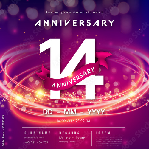 14 years anniversary logo template on purple Abstract futuristic space background. modern technology design celebrating numbers with Hi-tech network digital technology concept design elements.
