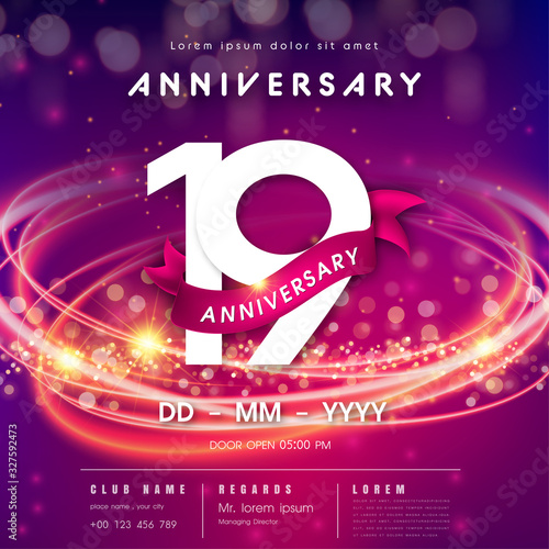 19 years anniversary logo template on purple Abstract futuristic space background. modern technology design celebrating numbers with Hi-tech network digital technology concept design elements.