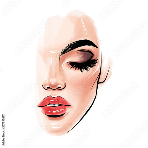Vector beautiful woman face. Girl portrait with long black lashes