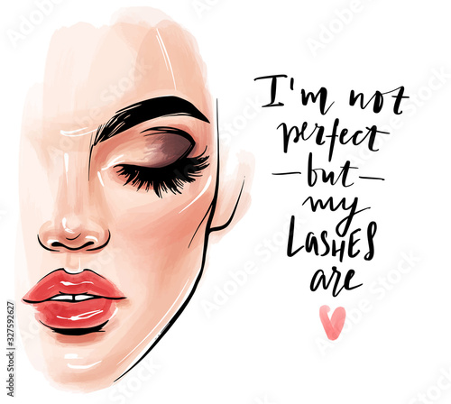 Vector beautiful woman face. Girl portrait with long black lashes, brows, red lips.