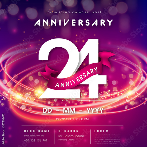 24 years anniversary logo template on purple Abstract futuristic space background. modern technology design celebrating numbers with Hi-tech network digital technology concept design elements.