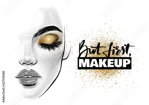 Obraz Vector beautiful woman face. Girl portrait with black lashes, brows and phrase But first, makeup