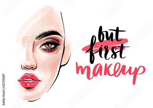 Vector beautiful woman face. But first. mascara.