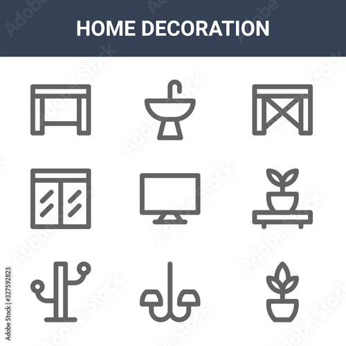 9 home decoration icons pack. trendy home decoration icons on white background. thin outline line icons such as botanic, shelves, sink . home decoration icon set for web and mobile.