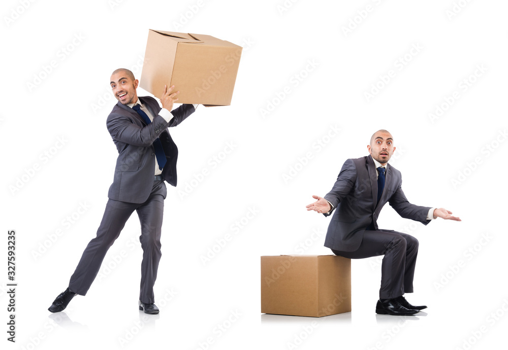 Businessman with box isolated on the white Businessman with box isolated on the white