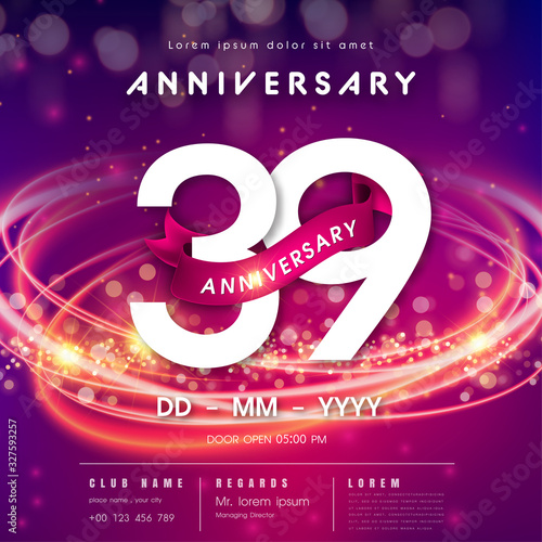 39 years anniversary logo template on purple Abstract futuristic space background. modern technology design celebrating numbers with Hi-tech network digital technology concept design elements.