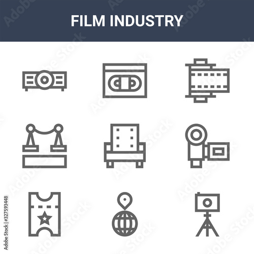 9 film industry icons pack. trendy film industry icons on white background. thin outline line icons such as camera, camera, video tape . film industry icon set for web and mobile.