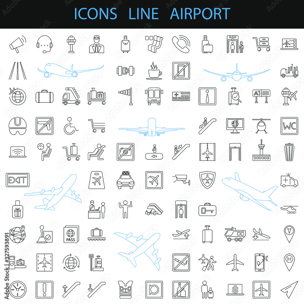 airplane icons. airport line icons airplane icons. airport line icons