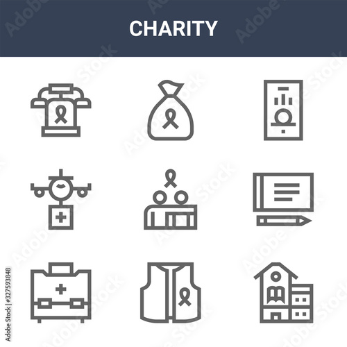 9 charity icons pack. trendy charity icons on white background. thin outline line icons such as school, cheque, donation . charity icon set for web and mobile.