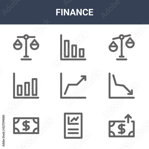 9 finance icons pack. trendy finance icons on white background. thin outline line icons such as spending, line chart, bar chart . finance icon set for web and mobile.