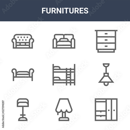 9 furnitures icons pack. trendy furnitures icons on white background. thin outline line icons such as wardrobe, ceiling light, sofa bed . furnitures icon set for web and mobile.