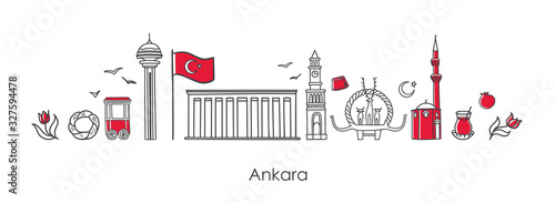 Vector illustration Symbols of Ankara, Turkey. Clock Tower, Mausoleum, mosque, Hittite monument and other Turkish landmarks. Horizontal banner design for souvenir print and capital city promotion.